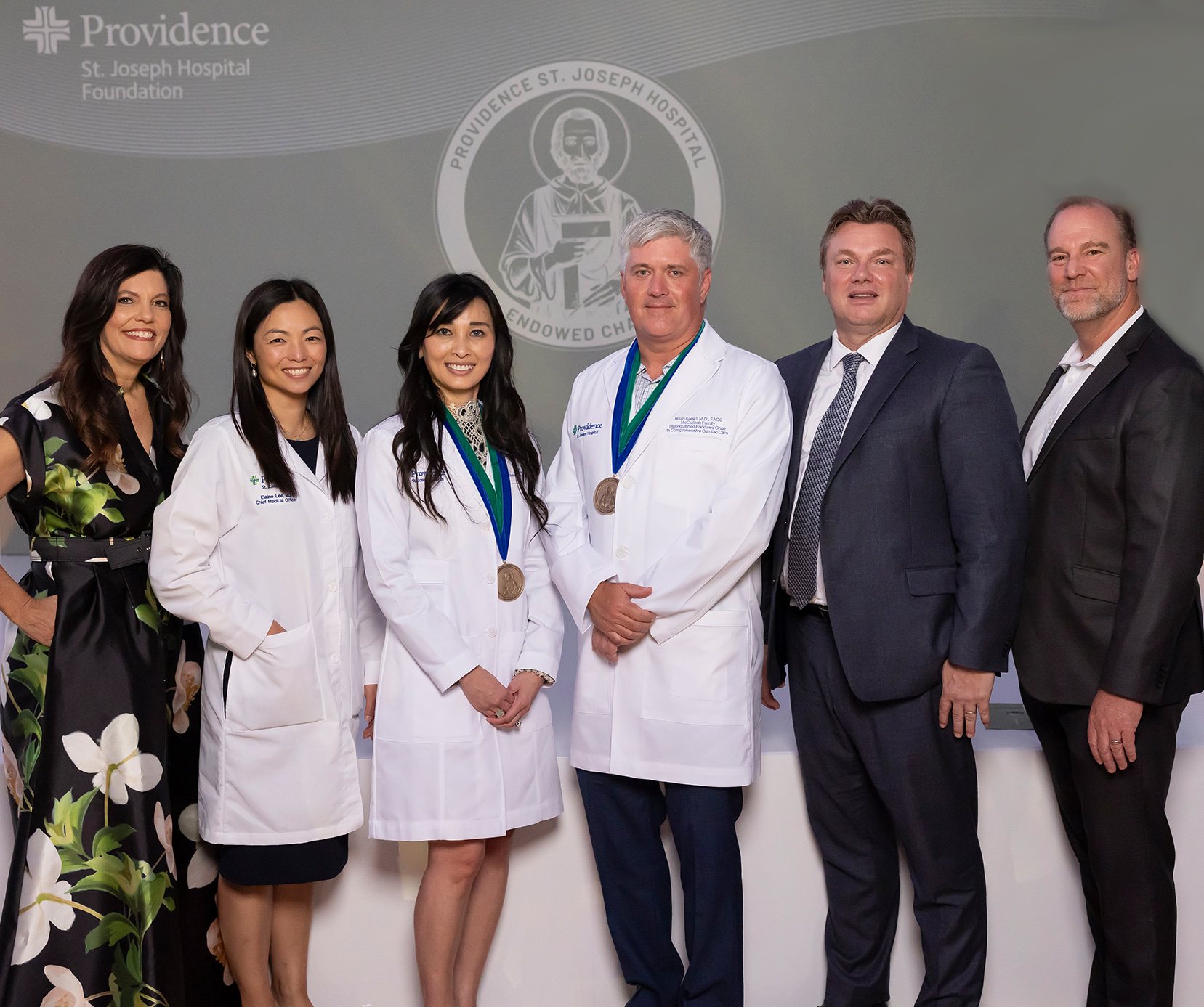 L to R: Chief Philanthropy Officer Amy Daugherty; Chief Medical Officer Elaine Lee, MD; Endowed Chair Hang Dang, DO; Endowed Chair Brian Kolski, MD; Chief Executive Brian Helleland and CAO Troy Gideon